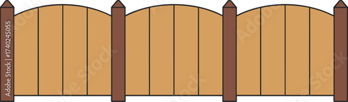 Wooden fence illustration, rustic barrier, outdoor structure, garden divider, wooden panels, vertical posts, curved top design, decorative element, natural wood, landscaping feature