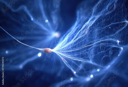 Close-up of a neuron firing, with intricate, glowing tendrils against a dark blue backdrop