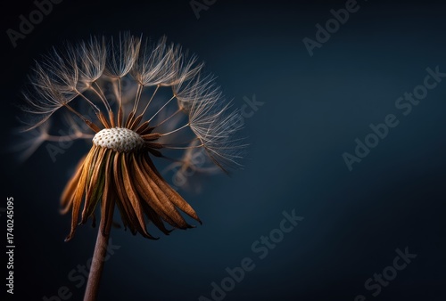 Close-up of a dandelion seed head with floating seeds against a dark blue background