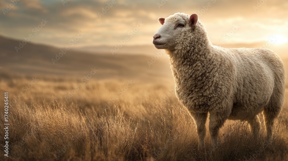 Fototapeta premium Stunning sheep portrait in golden field at sunrise evokes peaceful rural landscape and farm life, perfect for agriculture or nature themed projects