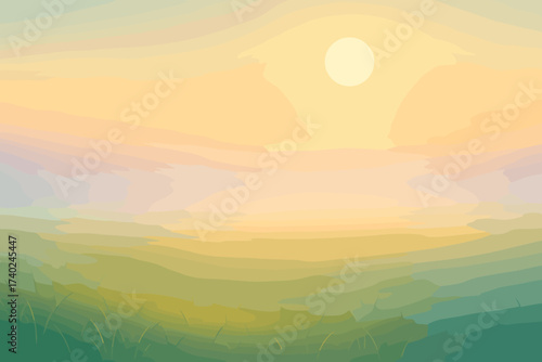 Glowing soft meadow morning vector covered mist under illustration misty sunlight