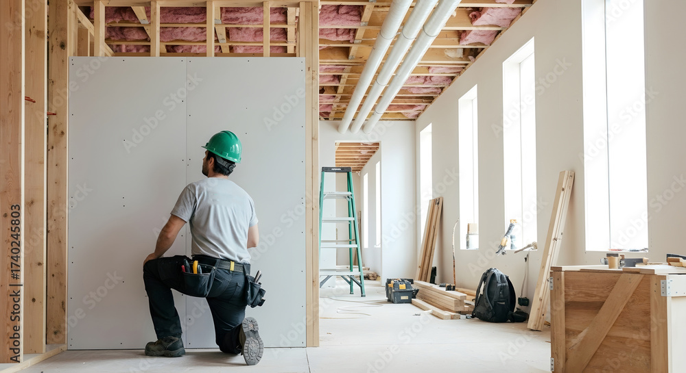 Fototapeta premium Skilled construction worker installing drywall in bright modern home renovation project with natural light streaming through windows