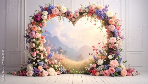 Floral Heart Archway with a Landscape Background
