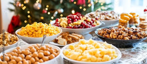 Dinner table setup with various dishes of snacks and food indoors