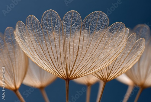 Close-up of delicate seed pods showcasing intricate veins against a deep blue background