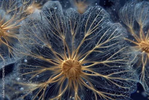 Macro view reveals delicate, translucent flower structures with intricate veining and seed heads