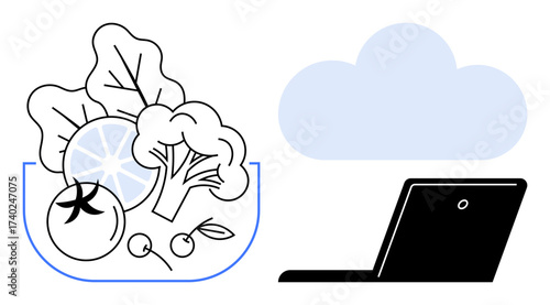 Bowl of fresh vegetables and fruits, laptop, and cloud. Ideal for health tracking, online nutrition, remote work, cloud tech, balance healthy habits eco-consciousness. Simple flat metaphor