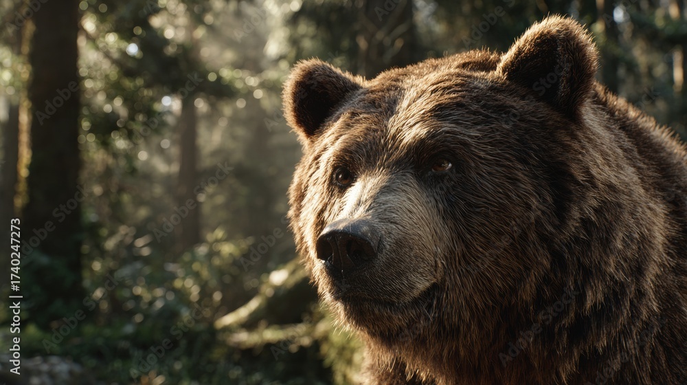 Fototapeta premium Majestic brown bear gazes intently from sun-dappled forest, evoking wilderness and natural power
