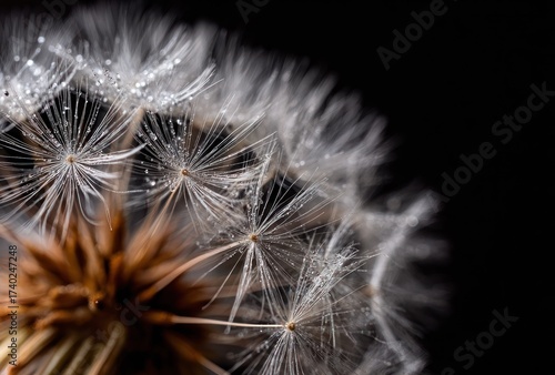 Close-up shot of a dandelion seed head, glistening with water droplets against a dark background