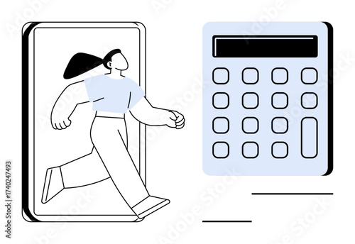 Woman confidently stepping out of smartphone beside a large calculator. Ideal for finance, technology, growth, budgeting, empowerment, innovation, online tools. A simple flat metaphor