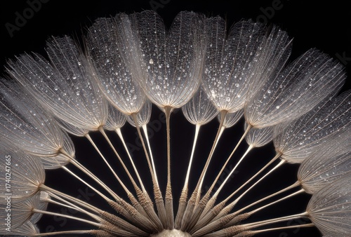 Macro shot of dandelion seed head with water droplets against a black background