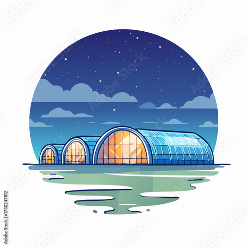 Commercial greenhouses landscape glowing at night under starry sky