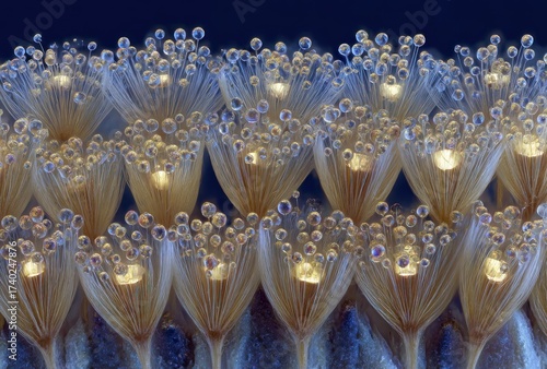 Close-up shot of a unique organism resembling glowing, spiky flowers with bubbles