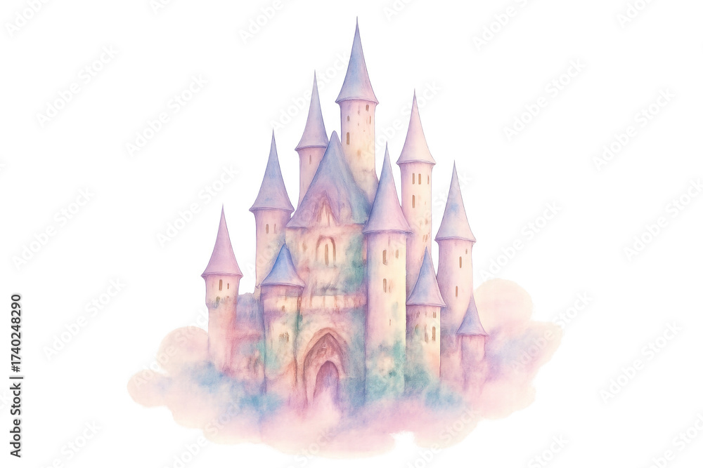 Naklejka premium Watercolor fairytale castle floating on pastel clouds