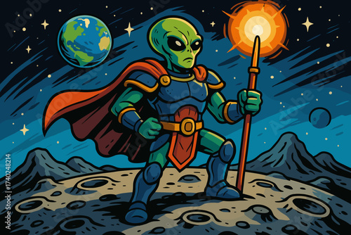 Moon standing cratered heroic glowing illustration staff proudly alien vector armor warrior