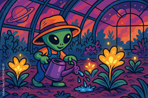 Illustration alien plants colorful s greenhouse tiny vector glowing watering gardener