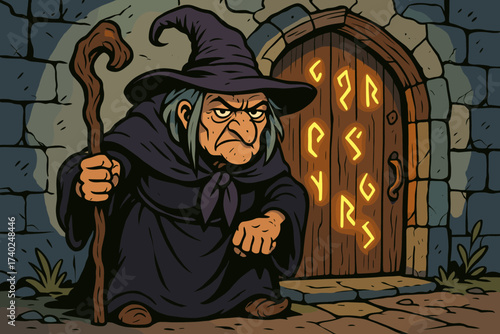 Grumpy runes witch guarding crooked s glowing it illustration wooden old vector
