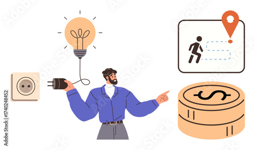 Man holding a plug near a bulb, a map with a location pin, and stacked coins. Ideal for innovation, energy, economy, planning, goal-setting finance problem-solving. A simple flat metaphor