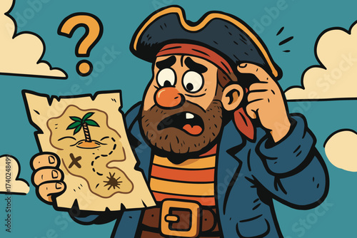 Goofy holding adventure map down tooth face vector confused pirate illustration