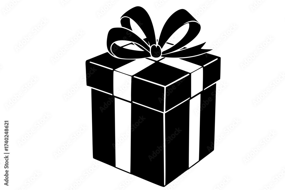 Obraz premium Black Vector Silhouette: Gift Box with Ribbon and Bow 