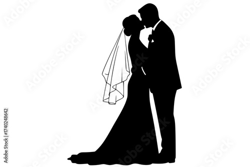Black Vector Silhouette: Bride and Groom Kissing in Embrace	