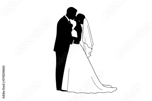 Black Vector Silhouette: Bride and Groom Kissing in Embrace	