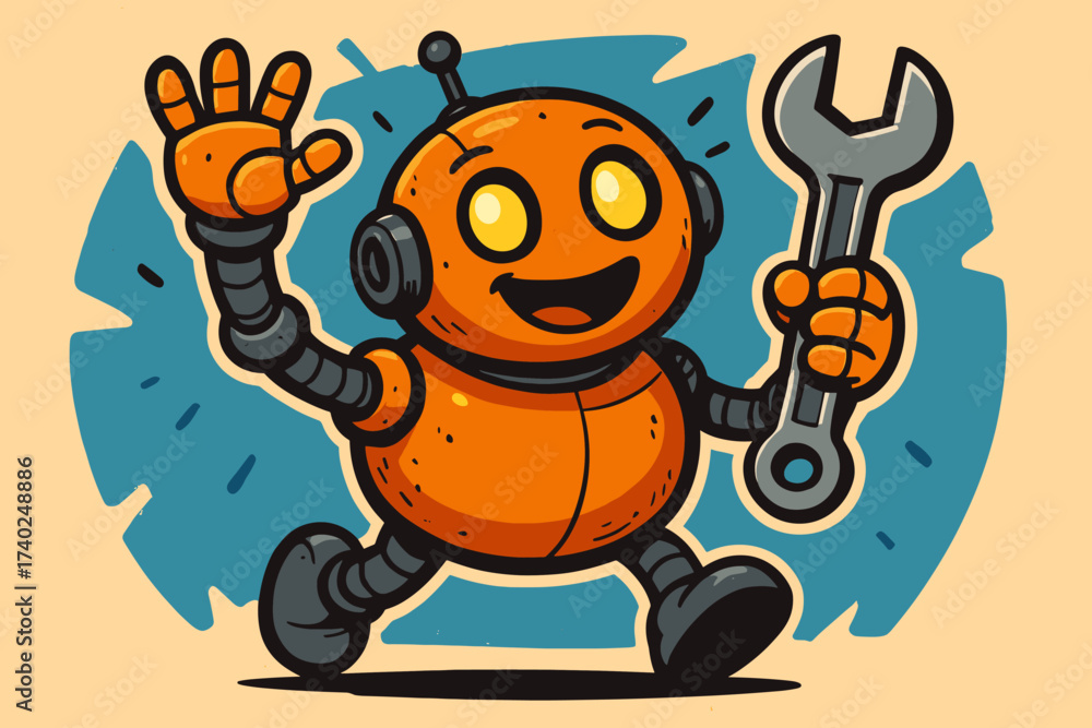 Obraz premium Hand illustration wrench body while glowing cheerful vector one waving round robot