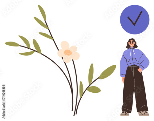 Woman in blue hoodie and dark pants next to floral branches and blue checkmark. Ideal for personal growth, self-care, nature themes, decision-making, wellness, simplicity, contemporary style. Simple