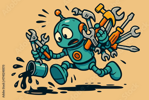 Trying vector many clumsy spilling tools while chaos too illustration small robot