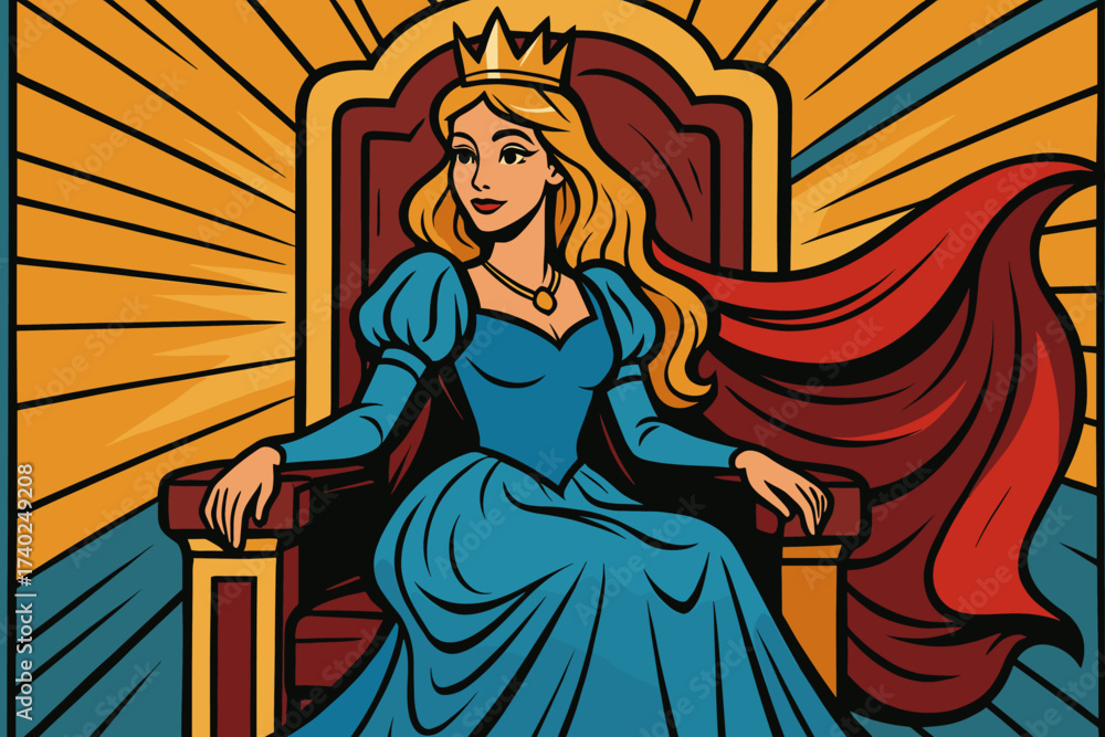 Fototapeta premium Elegant seated golden throne flowing princess cape radiant illustration vector behind