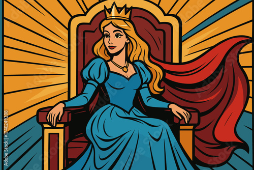 Elegant seated golden throne flowing princess cape radiant illustration vector behind