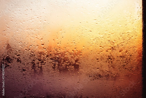 Close-up shot of condensation on a pane of glass, illuminated by sunlight
