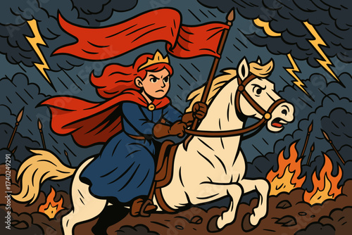 Battlefield fearless stormy through white charge illustration riding determined banner vector princess