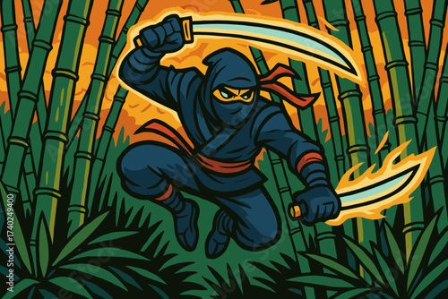 Bamboo glowing leaping ninja vector forest twin through blades simple illustration