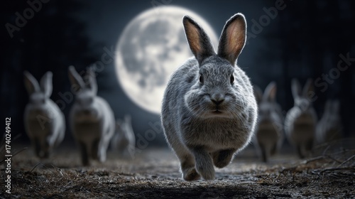 Majestic rabbits leap across moonlit forest floor, a mystical nocturnal journey under a luminous full moon
