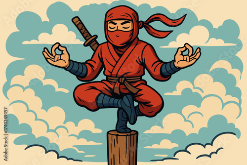 Expression vector meditative wooden balance atop meditating foot ninja illustration one balancing
