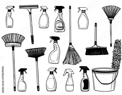 set of cleaning equipment lineart