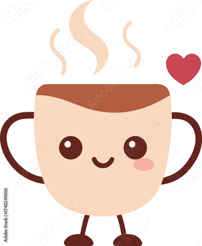Cute Cartoon Coffee Cup Mascot Vector Steam Heart Illustration on Transparent Background
