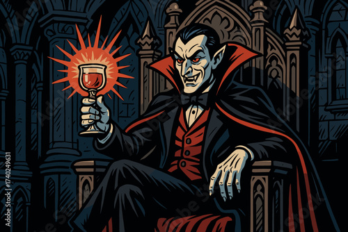 Seated red vector goblet vampire illustration gothic liquid throne count elegance