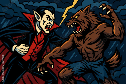 Under against illustration fight vs vector werewolf dramatic clouds lightning vampire