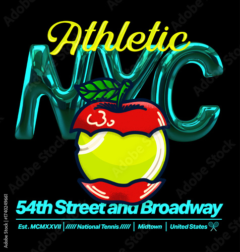 Bold retro NYC vector with metallic lettering, iconic apple and tennis vibe. Designed for urban fashion, athletic streetwear, trendy apparel prints, creative posters and vibrant graphic projects
