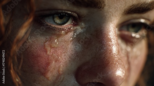 Intense close-up captures the raw emotion of a woman's tearful eye, conveying deep sadness, vulnerability, and powerful human experience.