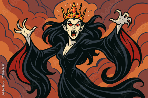Portrait queen vector gems crown female flowing vampire illustration glowing dress
