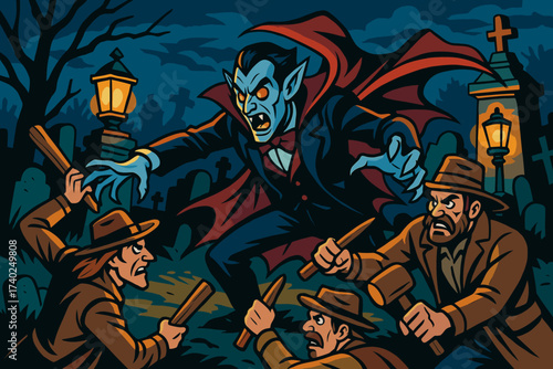 Lanterns illustration graveyard eerie battling hunters hero battle vector lit vampire