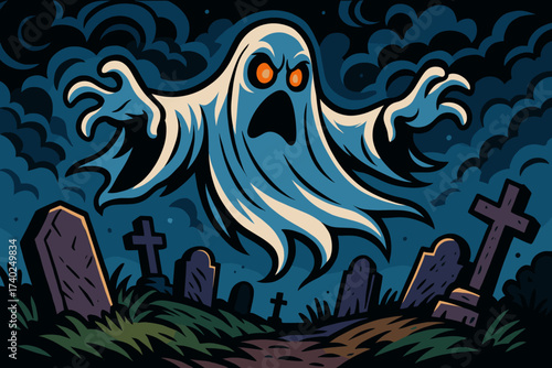 Crooked graveyard tombstones spooky drifting above vector ghost eyes scene illustration ghostly