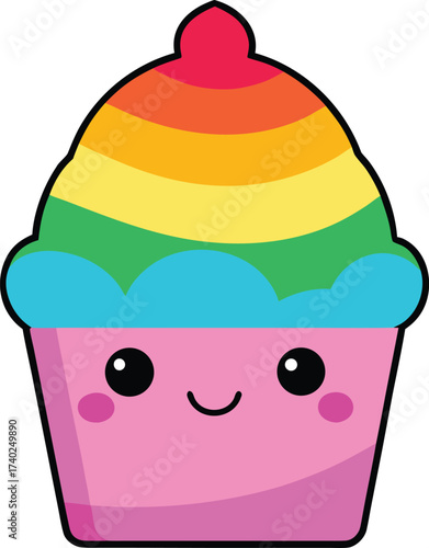 Cute Cartoon Cupcake Mascot Vector Rainbow Frost Illustration on Transparent Background