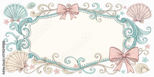 Ornate frame with seashells, bows, floral accents, and decorative swirls in pastel watercolor style