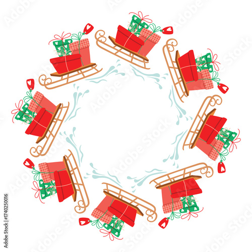 Sled with gift boxes round frame. Christmas border  with cartoon sleigh and packaging with bows. Red, green, brown and pink colors on white background. Copy space. Festive vector design in flat.