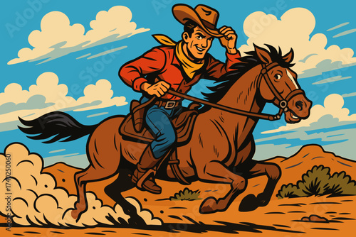 Tipping cowboy illustration adventure hat plains galloping his wide vector horse