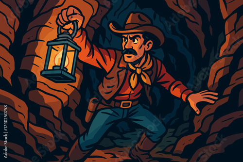 Adventure mysterious vector adventurous while exploring illustration canyon holding cave lantern